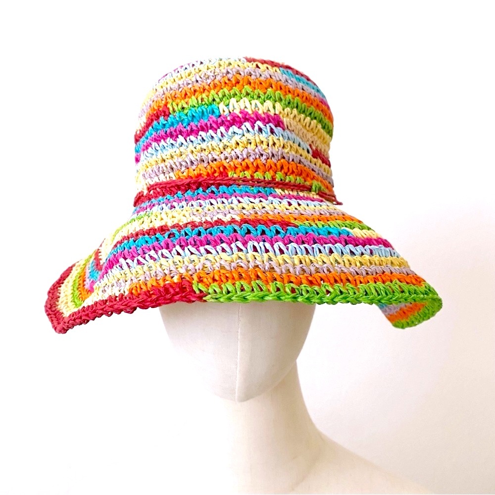 Jacobson, Colorful Crochet Wide Brim Panama Sun Hat